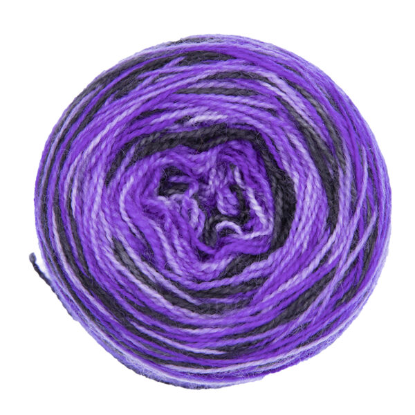 purple and black bold self striping sock yarn in yarn cake, view from above