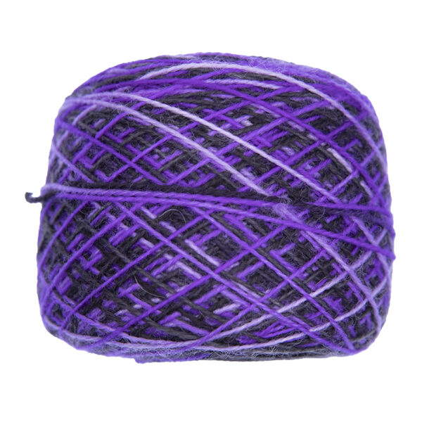 purple and black bold self striping sock yarn in yarn cake, view from above
