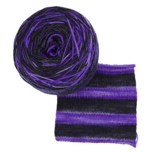 purple and black self striping sock yarn with knitted sample