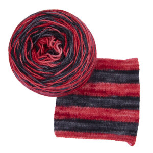 red ad black self striping sock yarn with knitted sample