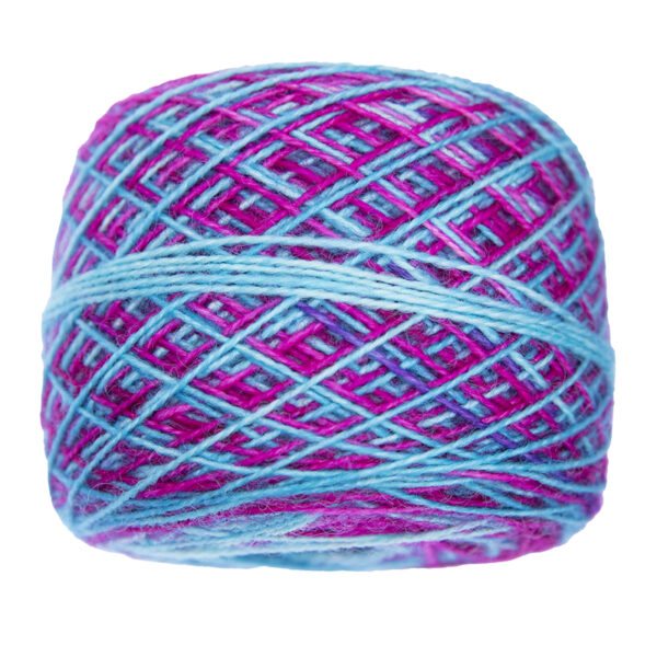 turquoise and pink bold self striping sock yarn in yarn cake, view from above