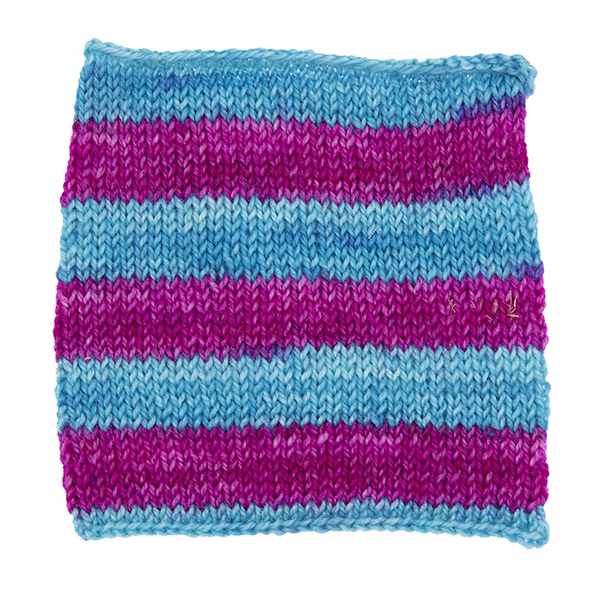 turquoise and pink self striping sock yarn knitted sample