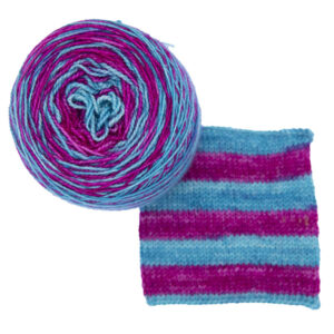 turquoise and pink self striping sock yarn with knitted sample