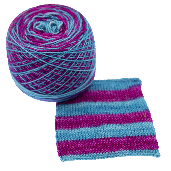 turquoise and pink self striping sock yarn with knitted sample