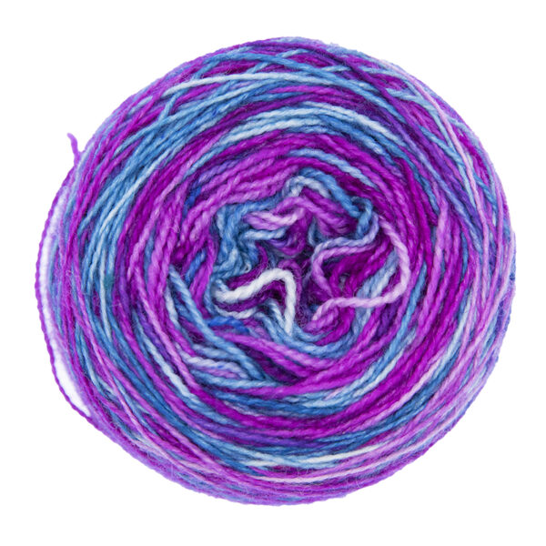 wisteria and teal bold self striping sock yarn in yarn cake, view from above
