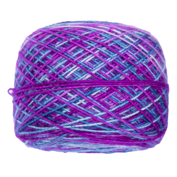 wisteria and teal bold self striping sock yarn in yarn cake, view from the side