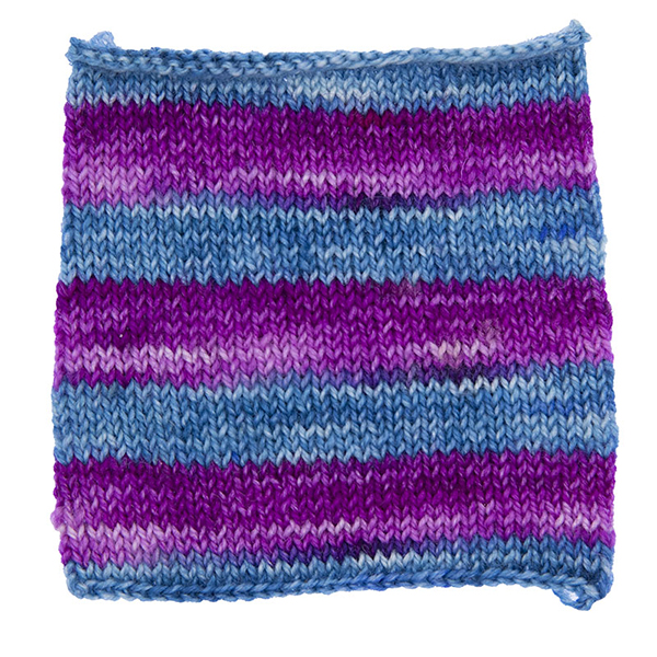 teal and wisteria self striping yarn knitted sample