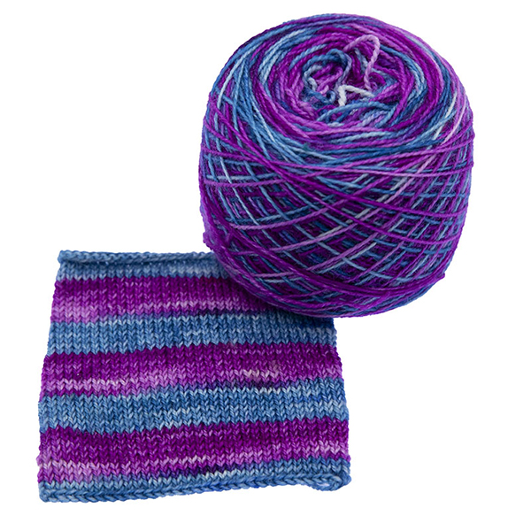 teal and wisteria self striping yarn with knitted sample