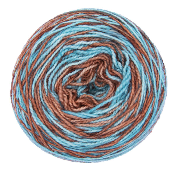 turquoise and caramel bold self striping sock yarn in yarn cake, view from above