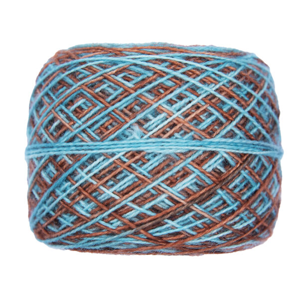 turquoise and caramel bold self striping sock yarn in yarn cake, view from the side