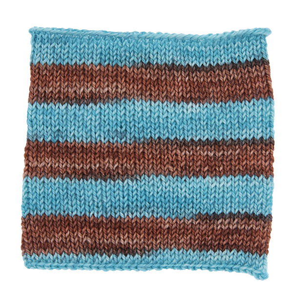 turquoise and coper self striping sock yarn knitted sample