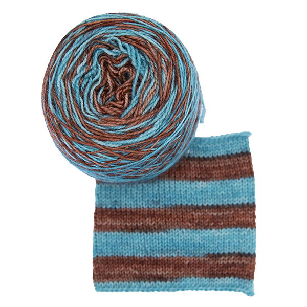 turquoise and coper self striping sock yarn with knitted sample