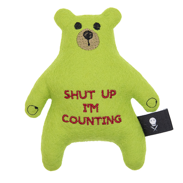 lime green felt bear embroidered with the text "SHUT UP I'M COUNTING"
