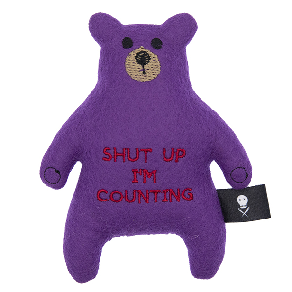 purple felt bear embroidered with the text "SHUT UP I'M COUNTING"