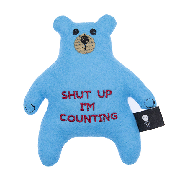 turquoise felt bear embroidered with the text "SHUT UP I'M COUNTING"