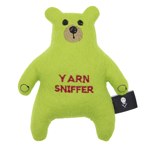 lime green felt bear embroidered with the text "YARN SNIFFER"