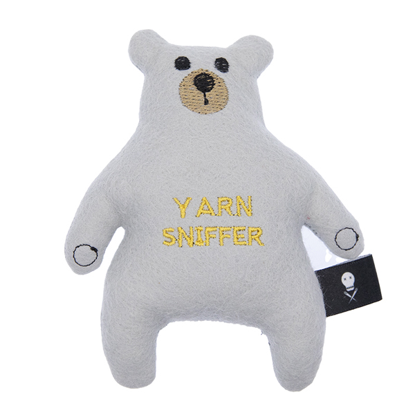 silver felt bear embroidered with the text "YARN SNIFFER"
