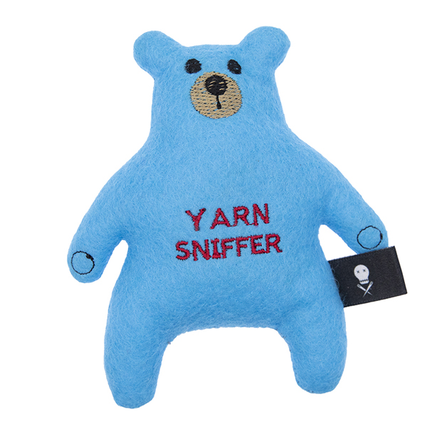 turquoise felt bear embroidered with the text "YARN SNIFFER"