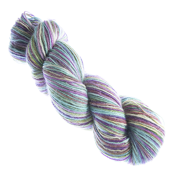 skein of hand dyed Britsock yarn in pale pink, orange, gold, green, turquoise and purple