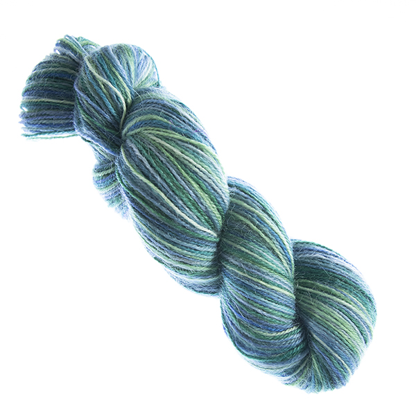 skein of hand dyed Britsock yarn in greens and slate blue