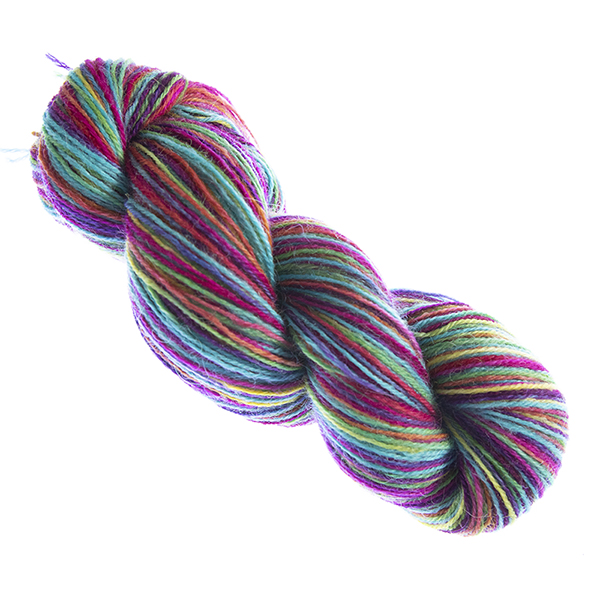 skein of hand dyed Britsock yarn in pink, orange, gold, green, turquoise and purple