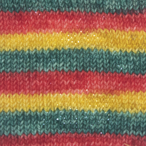 close up of knitted swatch showing self striping sock yarn with equal stripes of red, gold and green