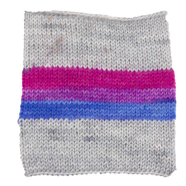 hand dyed stripey stripe yarn British BFL nylon Bisexual Pride Flag swatch with silver