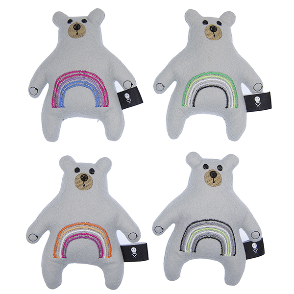 four silver felt bears embroidered with rainbows in the bisexual, aromantic, lesbian and agender pride flags