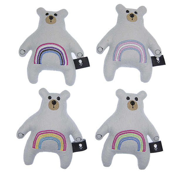 four silver felt bears embroidered with rainbows in the gender fluid, trans, pansexual and polysexual pride flags
