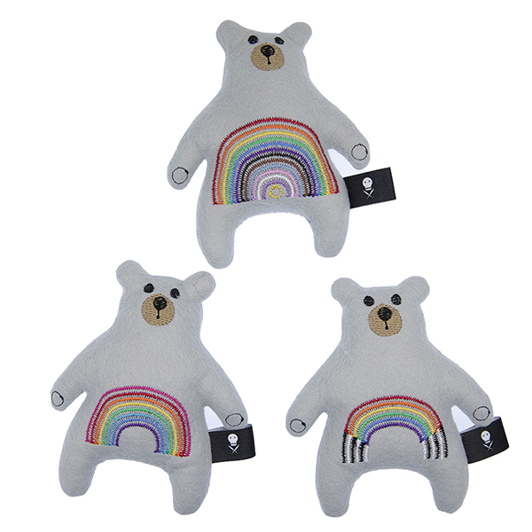 three silver felt bears embroidered with inclusive, original and straight ally pride flags