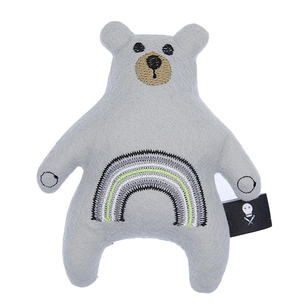 silver felt plush bear embroidered with a rainbow in the agender pride flag colours