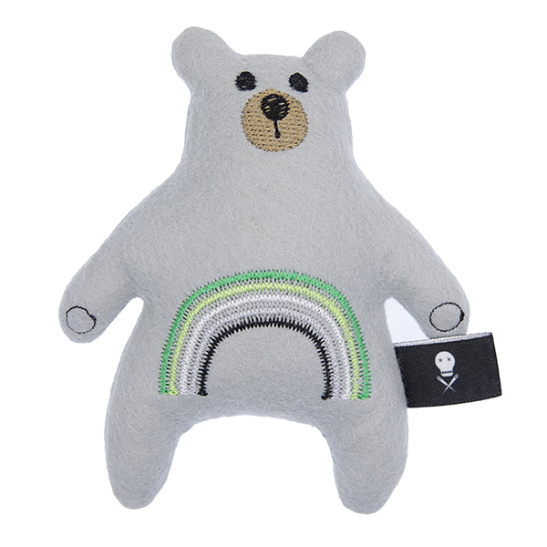 silver felt plush bear embroidered with a rainbow in the aromantic pride flag colours
