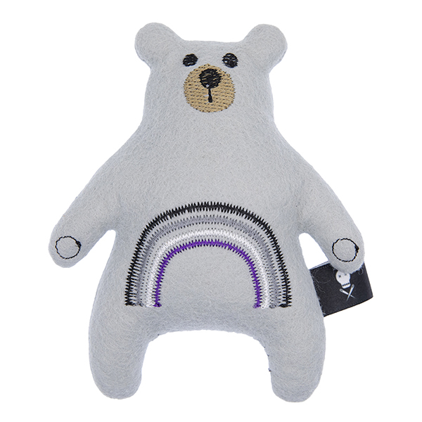 silver felt plush bear embroidered with a rainbow in the asexual pride flag colours