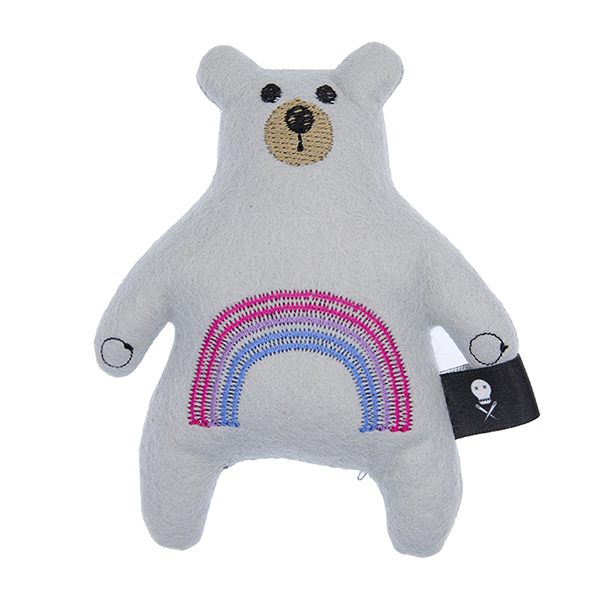silver felt plush bear embroidered with a rainbow in the non binary pride flag colours