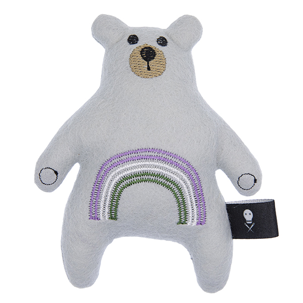 silver felt plush bear embroidered with a rainbow in the gender queer pride flag colours
