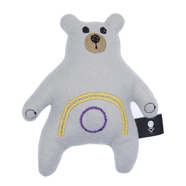 silver felt plush bear embroidered with a rainbow in the intersex pride flag colours
