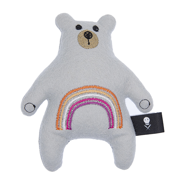 silver felt plush bear embroidered with a rainbow in the lesbian pride flag colours