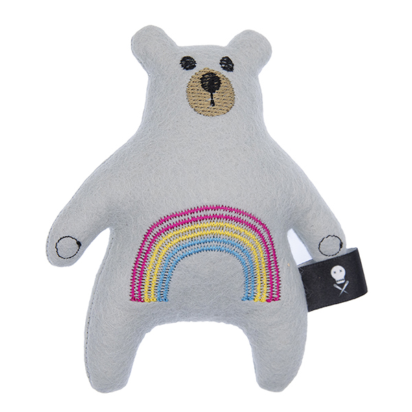silver felt plush bear embroidered with a rainbow in the pansexual pride flag colours