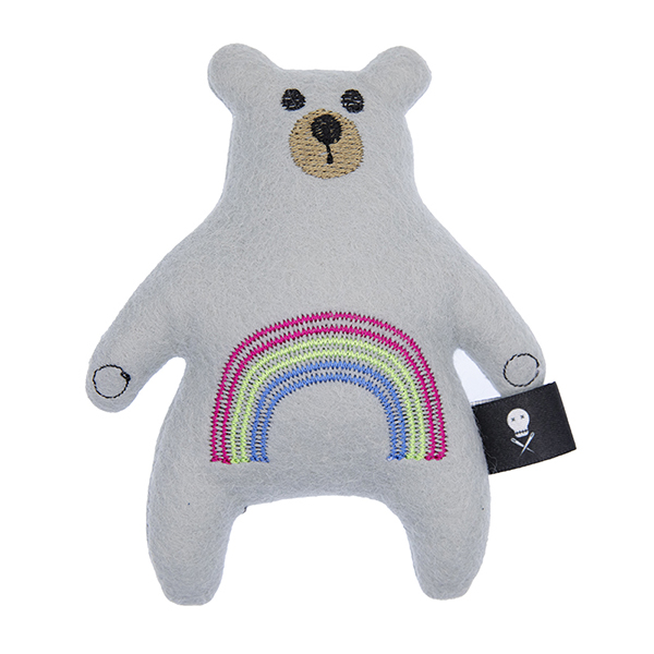 silver felt plush bear embroidered with a rainbow in the polysexual pride flag colours