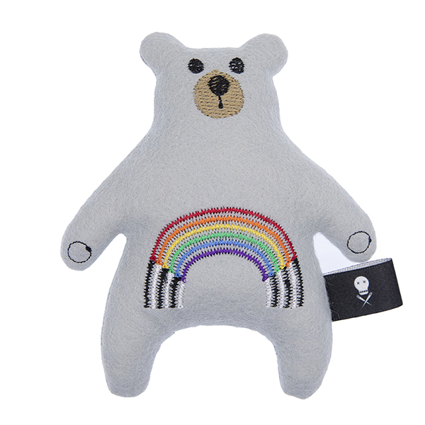 silver felt plush bear embroidered with a rainbow in the straight ally pride flag colours