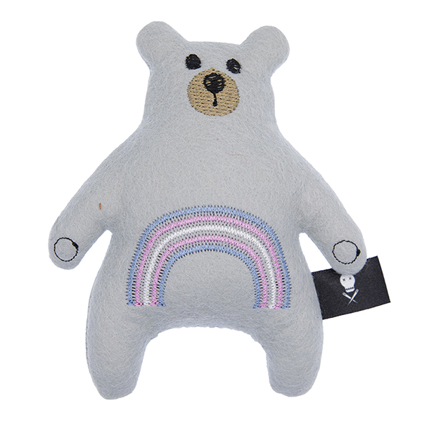 silver felt plush bear embroidered with a rainbow in the trans pride flag colours