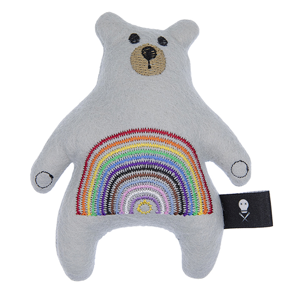 silver felt bear embroidered with inclusive pride flag rainbow