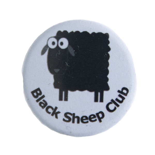 pin badge with text "Black Sheep Club" and cartoon image of a black sheep