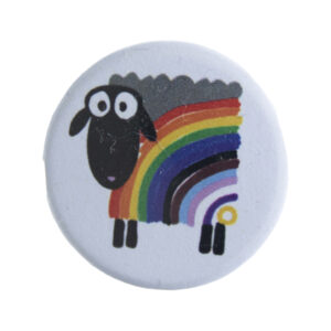 pin badge with drawing of sheep with inclusive pride rainbow colours as its fleece