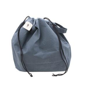 large drawstring project bag in slate blue fabric, wrist strap, drawstring closure, shown with drawstring closed