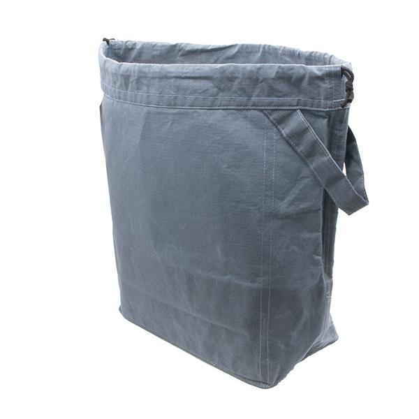 large drawstring project bag in slate blue fabric, wrist strap, drawstring closure