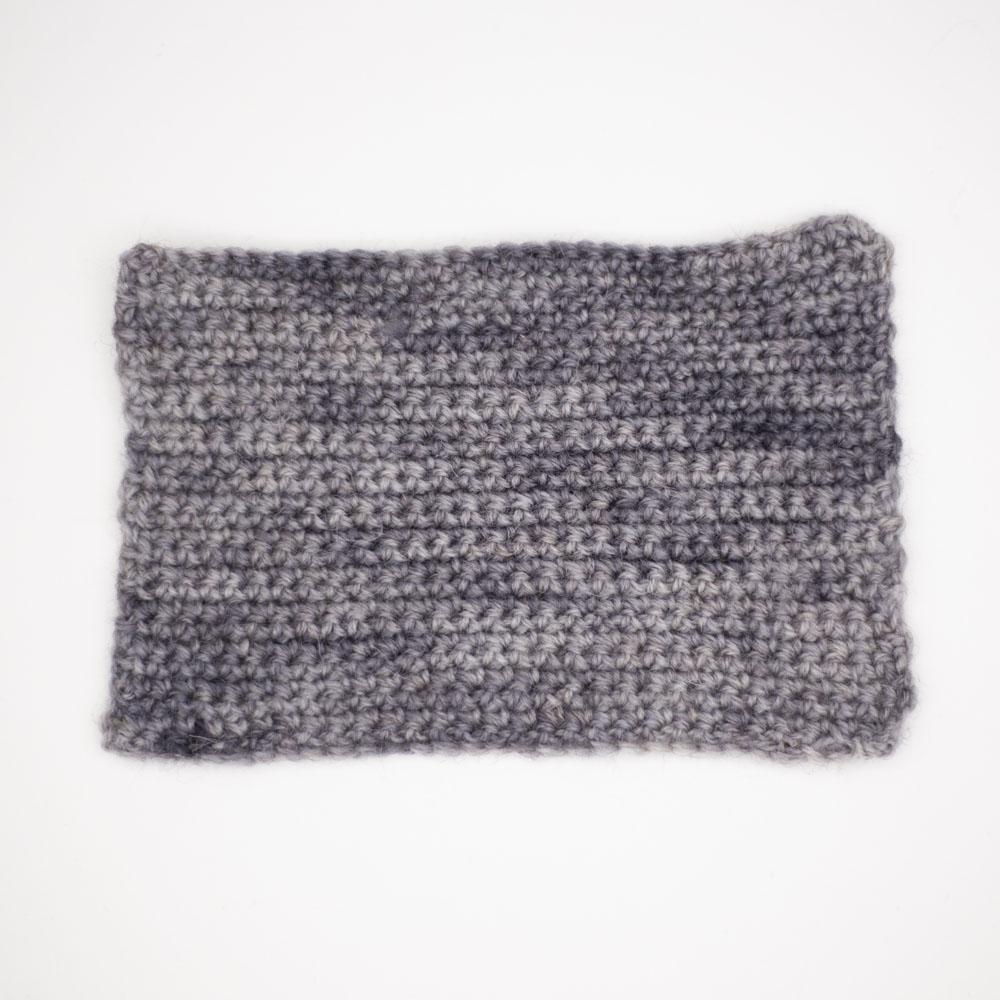 double crochet on 3.25mm hook sample swatch of baby elephant mid grey tonal Be Reyt yarn