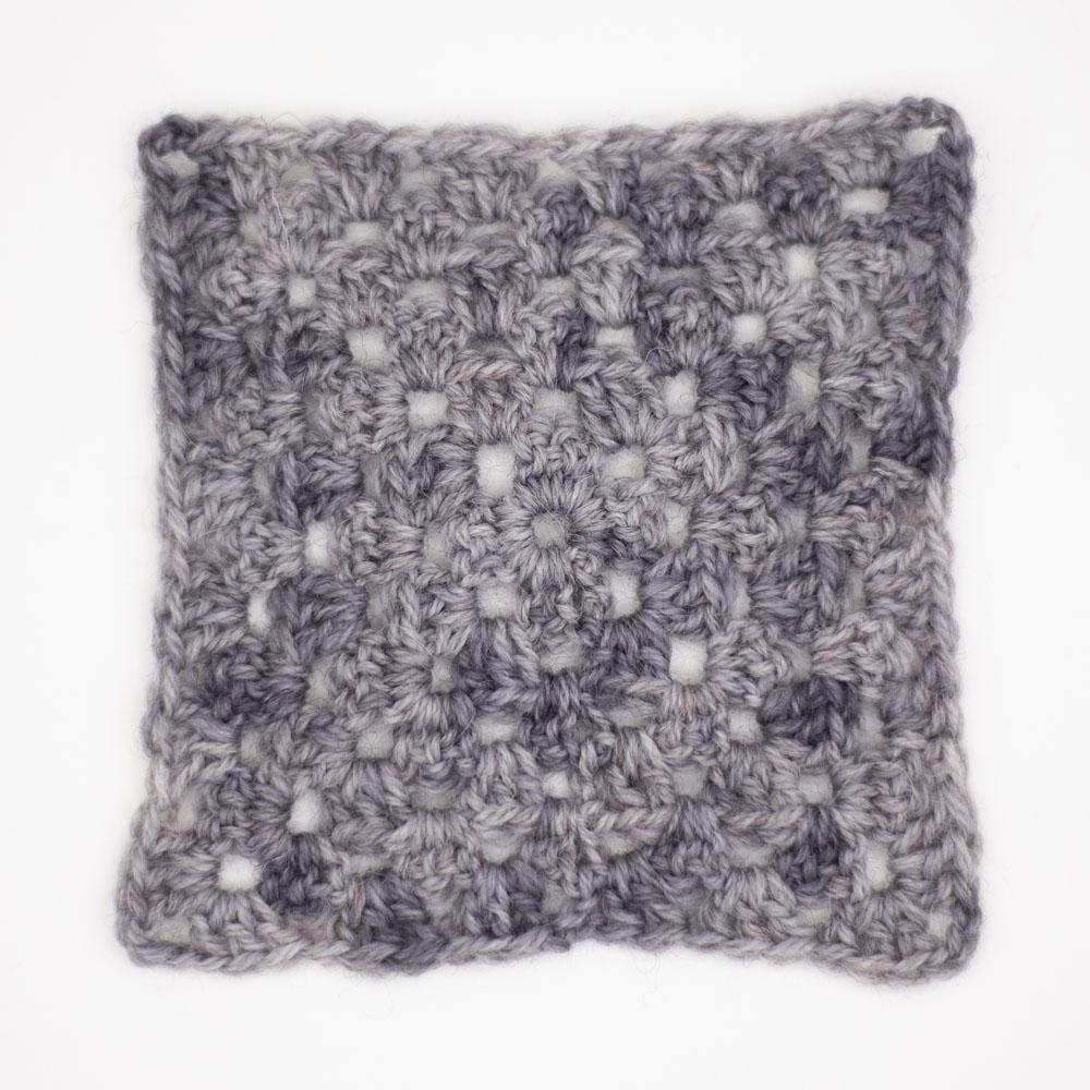 crochet granny square on 4mm hook sample swatch of baby elephant mid grey tonal Be Reyt yarn