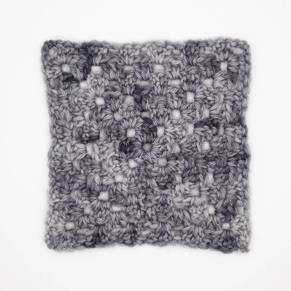 granny square crochet sample swatch 4mm hook of baby elephant mid grey tonal BFL yarn