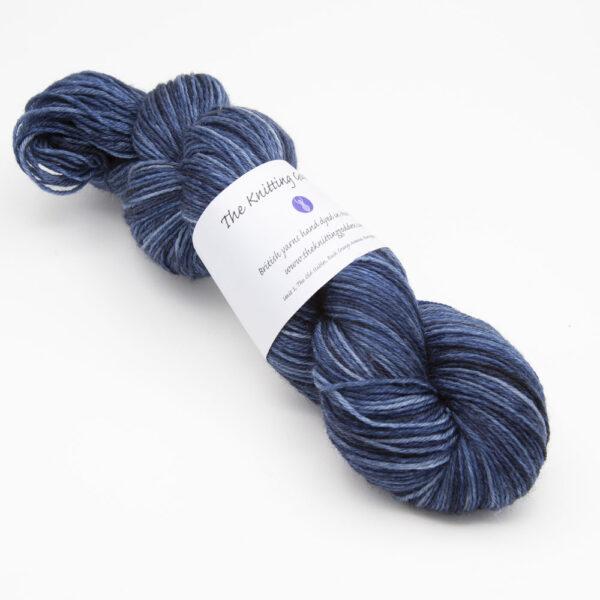 skein of blackened blue Bluefaced Leicester wool, The Knitting Goddess ball band